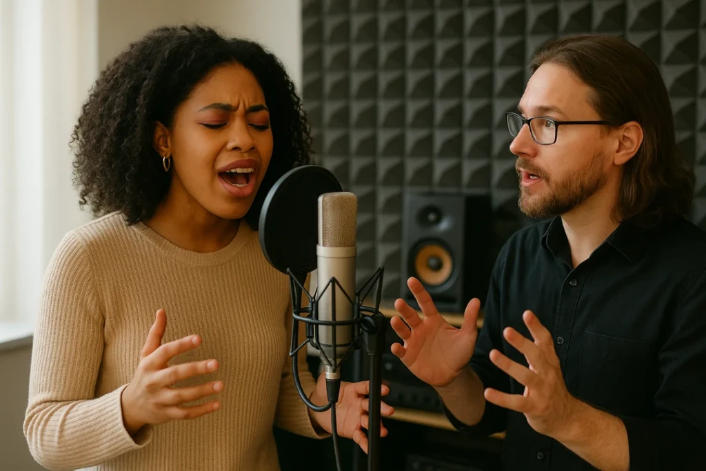 A student practicing R&B vocal with a coach in a music studio, focusing on pitch and expression