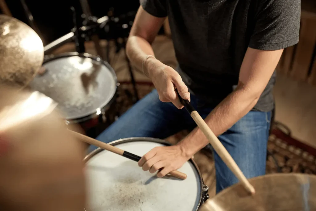 Drum set close-up during drum lessons for adults learning basic rhythm patterns